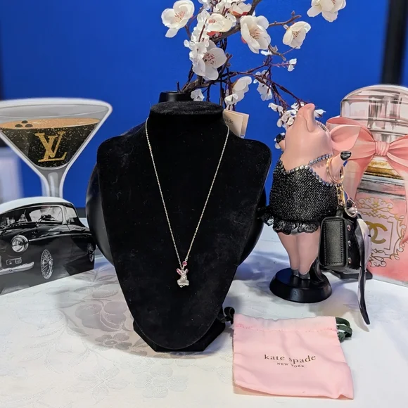 Kate Spade Silver Bunny Necklace With Blue and Pink Crystal Embellishments - Picture 1 of 6